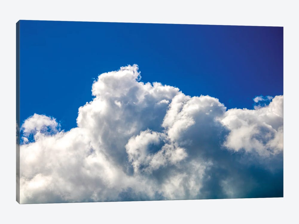 Gloomy dramatic cloudy blue sky background with fleecy curly soft white clouds. by Valery Rybakow 1-piece Canvas Artwork