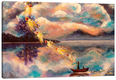Girl And Cat In Boat Canvas Art Print - Valery Rybakow