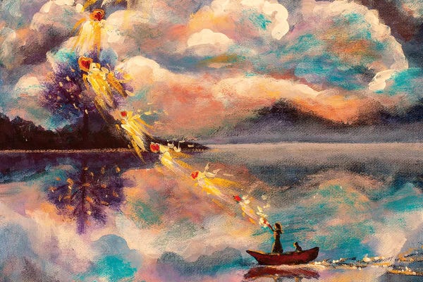 Valery Rybakow: Girl And Cat In Boat by Valery Rybakow