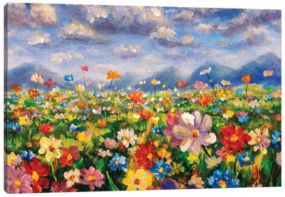 Flower Field In The Mountains Canvas Art Print - Garden & Floral Landscape Art
