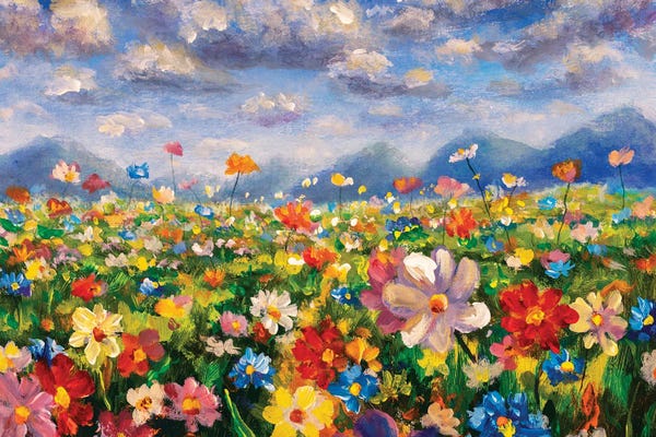 Artists Like Van Gogh: Flower Field In The Mountains by Valery Rybakow