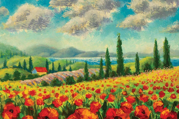 Landscape With Cypress Trees, Red Poppies, Beautiful Sea And Mountains