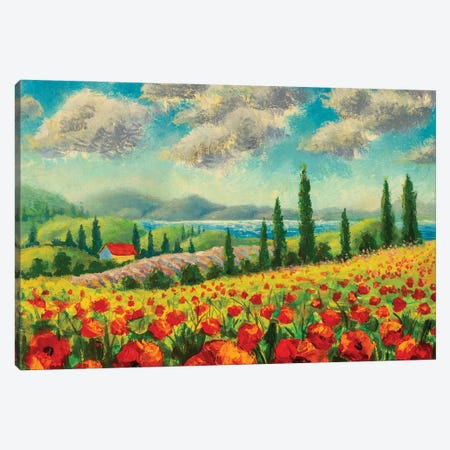 Landscape With Cypress Trees, Red Poppies, Beautiful Sea And Mountains Canvas Print #VRY427} by Valery Rybakow Art Print