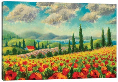 Landscape With Cypress Trees, Red Poppies, Beautiful Sea And Mountains Canvas Art Print - Cypress Tree Art
