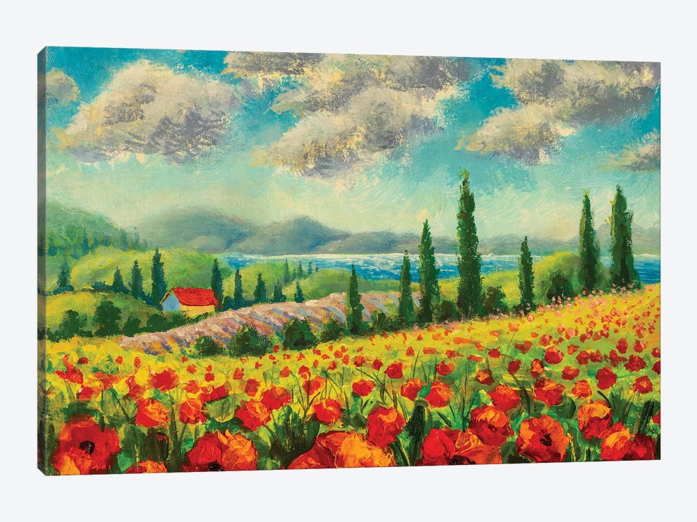 Landscape With Cypress Trees, Red Poppies, Beautiful Sea And Mountains by Valery Rybakow 1-piece Canvas Artwork