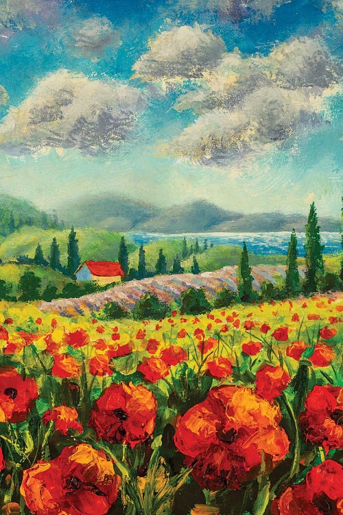 Landscape With Cypress Trees, Red Poppies, Beautiful Sea