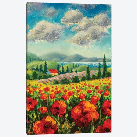 Landscape With Cypress Trees, Red Poppies, Beautiful Sea Canvas Print #VRY428} by Valery Rybakow Canvas Wall Art