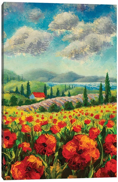 Landscape With Cypress Trees, Red Poppies, Beautiful Sea Canvas Art Print - Cypress Tree Art