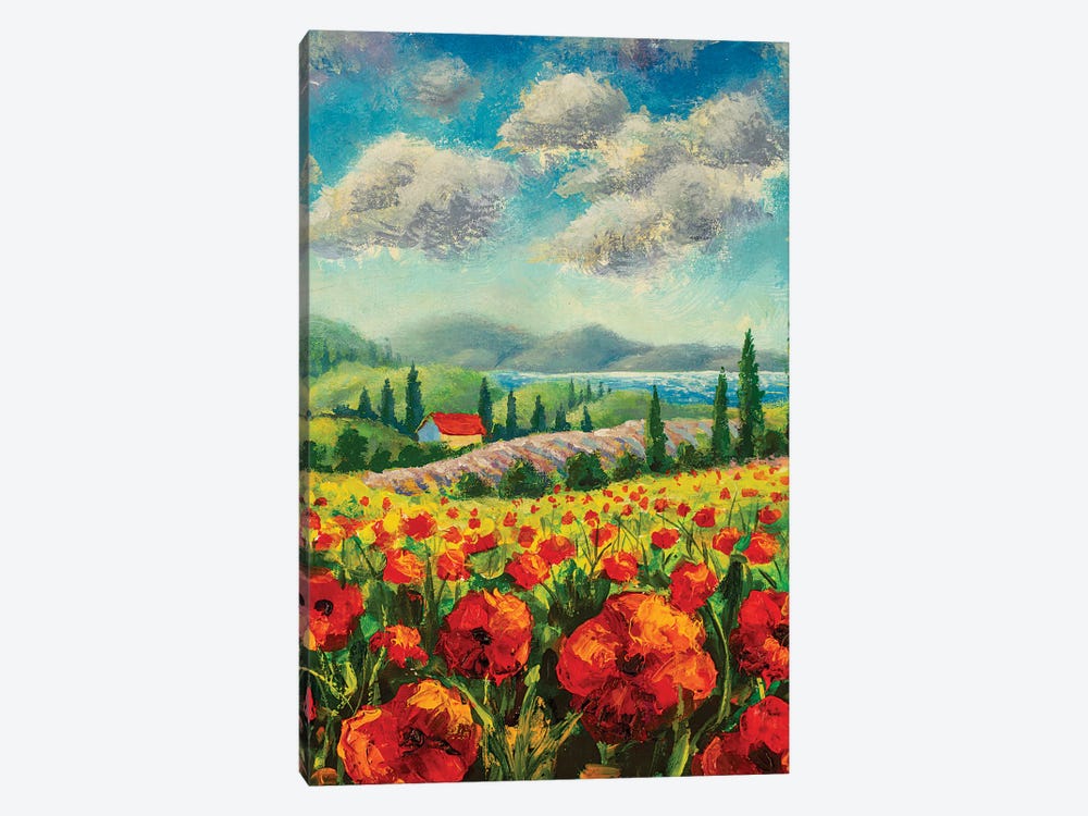 Landscape With Cypress Trees, Red Poppies, Beautiful Sea by Valery Rybakow 1-piece Art Print