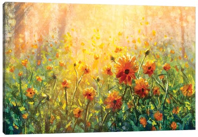 Flower Field In Forest Under The Morning Sunlight Canvas Art Print - Valery Rybakow