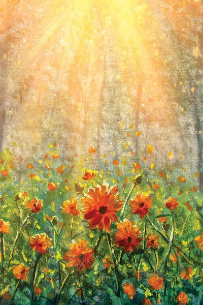 Gardens & Floral Landscapes: Vertical Cosmos Flowers Under Sunlight In The Field In Forest - Beautiful Flowers by Valery Rybakow