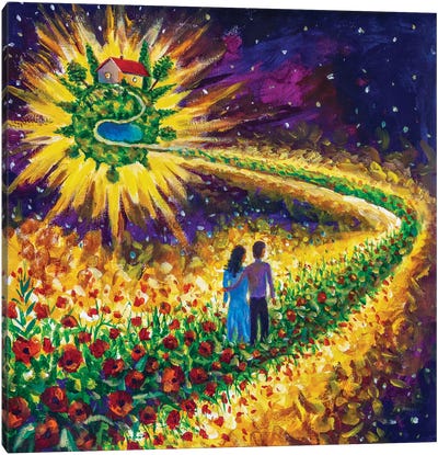 Couple In Love Walk Flower Road In Cosmos To Their Dream Canvas Art Print - Valery Rybakow