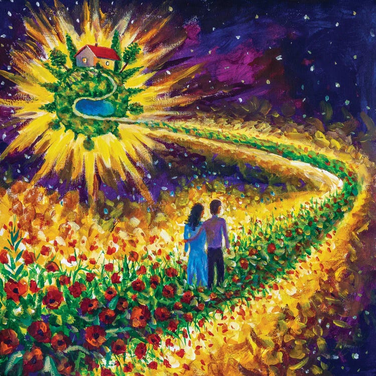 Couple In Love Walk Flower Road In Cosmos To Their Dream by Valery Rybakow wall art