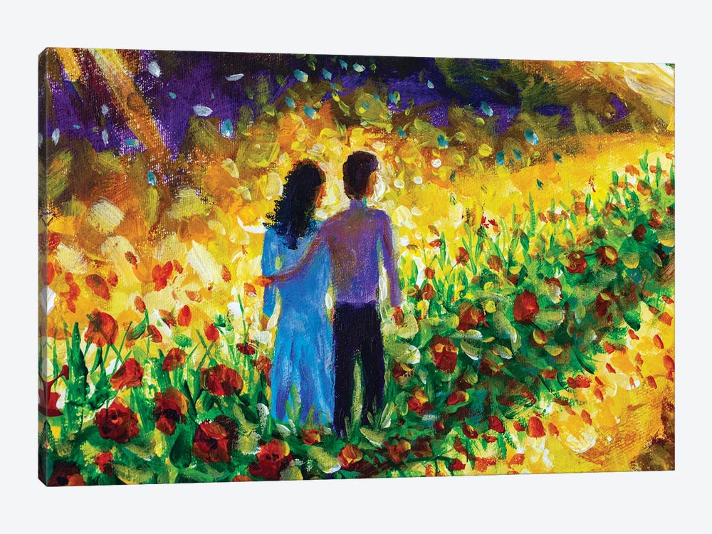 Couple In Love, Family, Boyfriend And Girlfriend Walk Flower Road In Cosmos To Their Dream by Valery Rybakow 1-piece Canvas Print