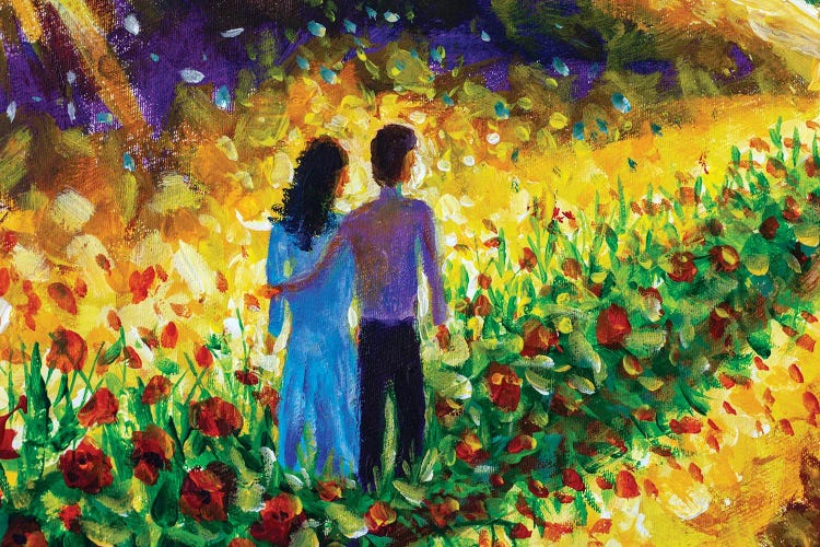 Couple In Love, Family, Boyfriend And Girlfriend Walk Flower Road In Cosmos To Their Dream by Valery Rybakow wall art