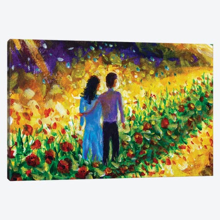 Couple In Love, Family, Boyfriend And Girlfriend Walk Flower Road In Cosmos To Their Dream Canvas Print #VRY439} by Valery Rybakow Canvas Print