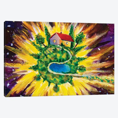Small Cozy Green Planet With Village House Canvas Print #VRY440} by Valery Rybakow Canvas Wall Art