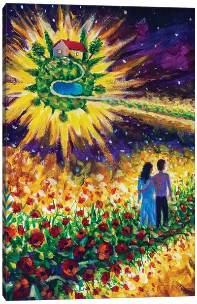 Couple In Love Walk Flower Road In Cosmos To Dream Canvas Art Print - Earth Art