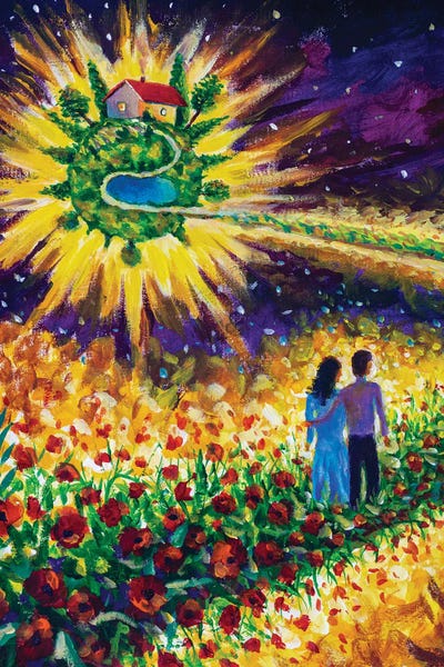 Valery Rybakow: Couple In Love Walk Flower Road In Cosmos To Dream by Valery Rybakow