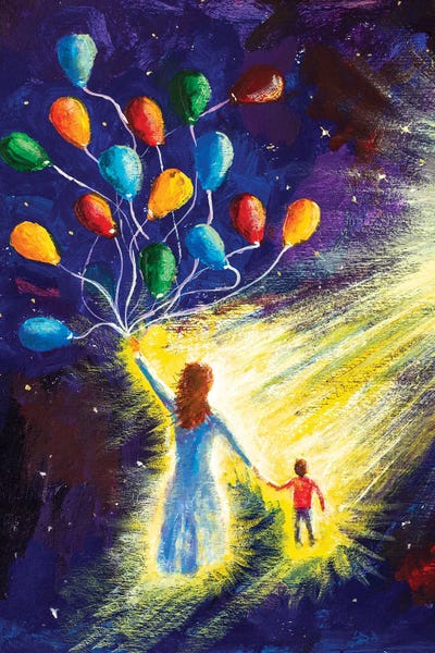 Mom And Son, A Family Fly In Space Cosmos by Valery Rybakow framed canvas print