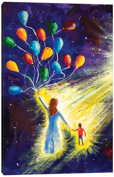 Mom And Son, A Family Fly In Space Cosmos Canvas Art Print - Valery Rybakow
