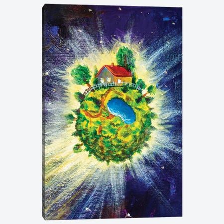 Small Cozy Green Planet With Village House Canvas Print #VRY443} by Valery Rybakow Canvas Artwork