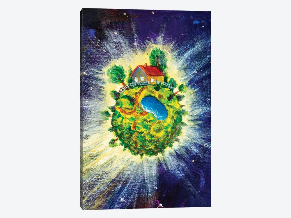 Small Cozy Green Planet With Village House by Valery Rybakow 1-piece Canvas Wall Art