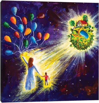 Family Are Flying In Starry Cosmos Space On Balloons To His Dream Canvas Art Print - Family Art