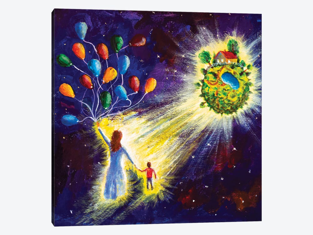 Family Are Flying In Starry Cosmos Space On Balloons To His Dream by Valery Rybakow 1-piece Canvas Wall Art