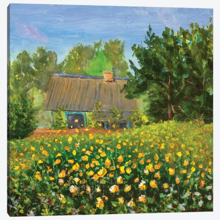 Painting Old House With Orange Wildflowers Flower Field Canvas Print #VRY447} by Valery Rybakow Canvas Art Print