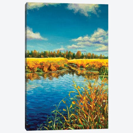 Bright Autumn Trees On Blue Lake Canvas Print #VRY465} by Valery Rybakow Art Print