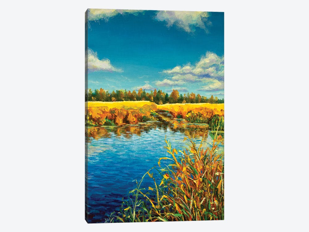 Bright Autumn Trees On Blue Lake by Valery Rybakow 1-piece Canvas Art
