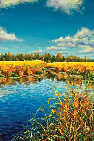 Valery Rybakow: Bright Autumn Trees On Blue Lake by Valery Rybakow