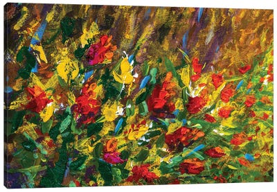 Beautiful Red Orange Flowers In Green Grass Canvas Art Print - Artists Like Van Gogh