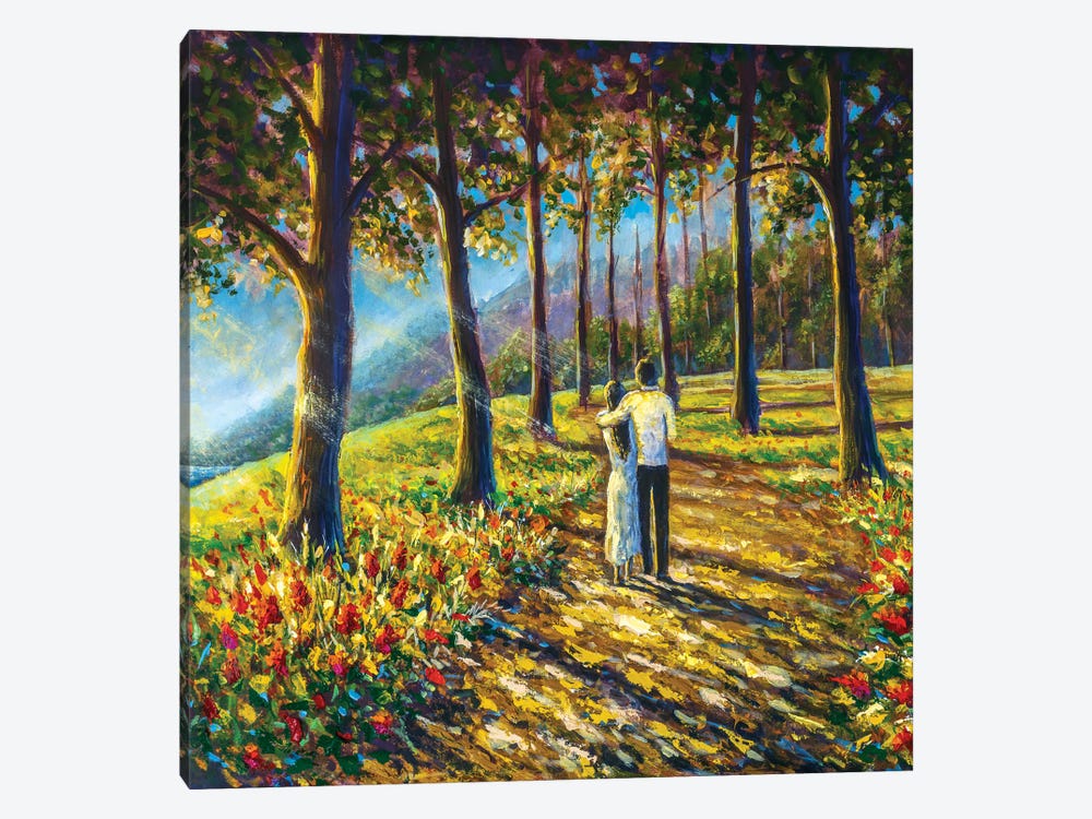 Loving Couple Are Walking Along Pathway Road In Sunny Park by Valery Rybakow 1-piece Canvas Print