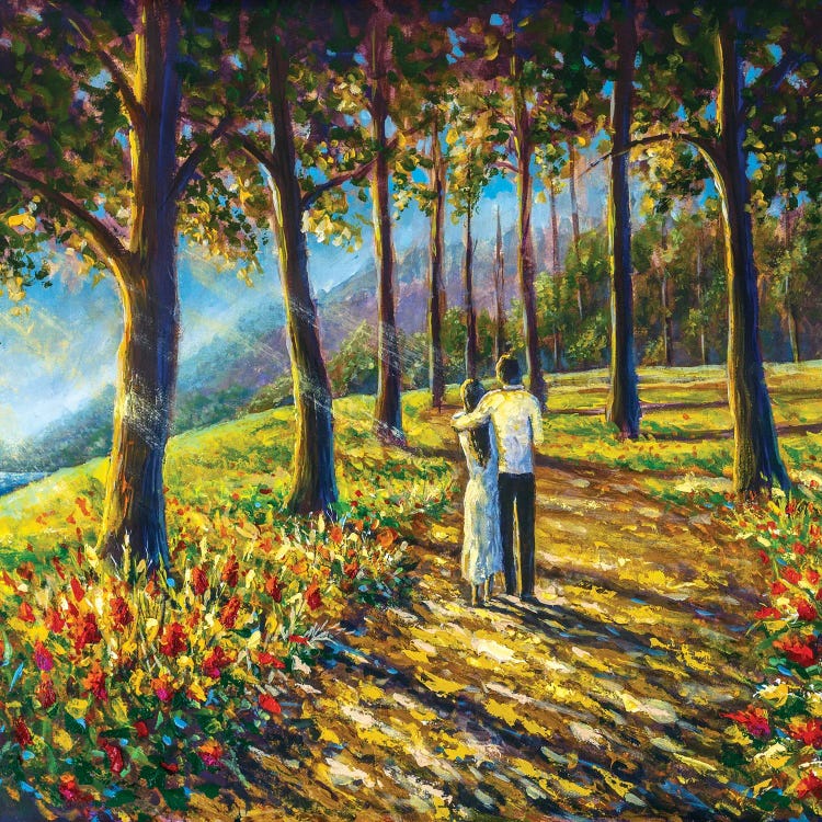 Loving Couple Are Walking Along Pathway Road In Sunny Park by Valery Rybakow wall art