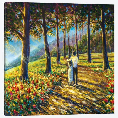 Loving Couple Are Walking Along Pathway Road In Sunny Park Canvas Print #VRY482} by Valery Rybakow Canvas Wall Art