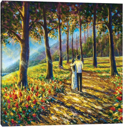 Loving Couple Are Walking Along Pathway Road In Sunny Park Canvas Art Print - Valery Rybakow