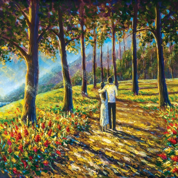 Loving Couple Are Walking Along Pathway Road In Sunny Park