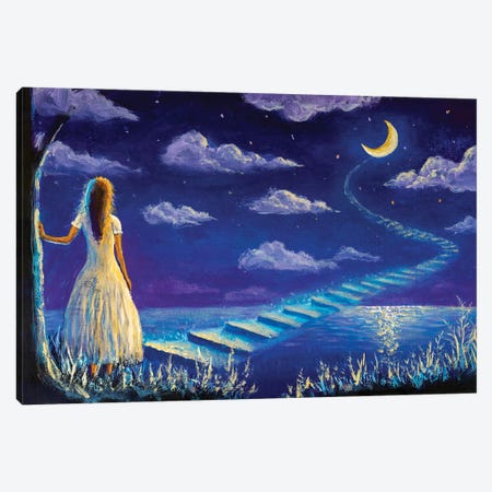 Princess Climbs Magic Steps To Moon In Night Seascape Canvas Print #VRY490} by Valery Rybakow Art Print