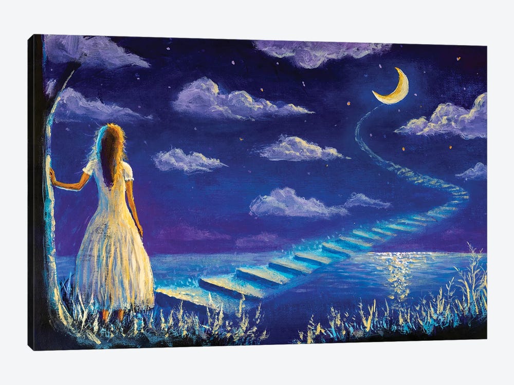 Princess Climbs Magic Steps To Moon In Night Seascape by Valery Rybakow 1-piece Canvas Artwork