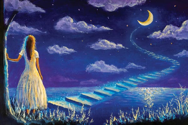 Valery Rybakow: Princess Climbs Magic Steps To Moon In Night Seascape by Valery Rybakow
