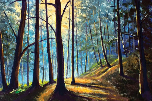 Valery Rybakow: Foggy forest with sunny sunshine trees modern art by Valery Rybakow