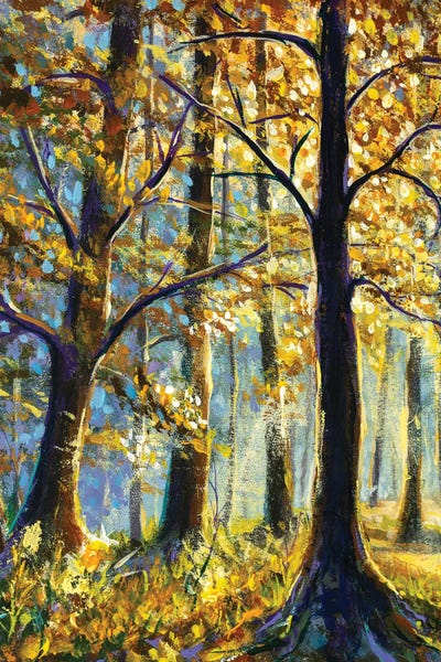 Valery Rybakow: Large Trees In A Sunny Forest by Valery Rybakow