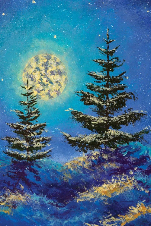 Night Christmas winter landscape with moon and snowy fir trees vertical art by Valery Rybakow wall art