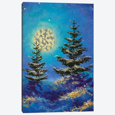 Night Christmas winter landscape with moon and snowy fir trees vertical art Canvas Print #VRY495} by Valery Rybakow Canvas Wall Art