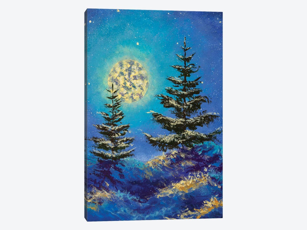 Night Christmas winter landscape with moon and snowy fir trees vertical art by Valery Rybakow 1-piece Canvas Art Print