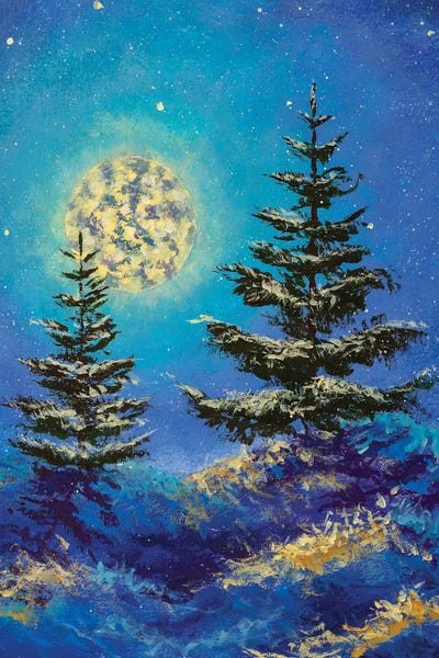 Valery Rybakow: Night Christmas winter landscape with moon and snowy fir trees vertical art by Valery Rybakow