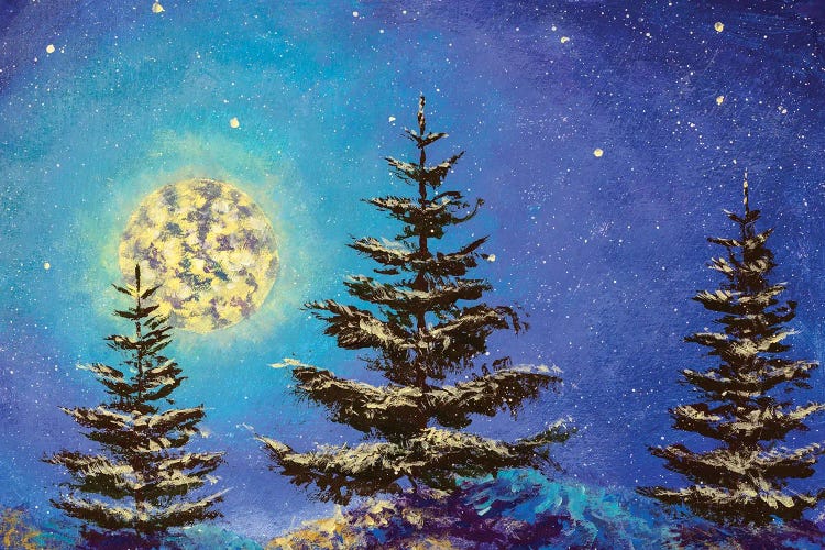 Snowy Fir Trees Under A Winter's Moon And Starry Sky