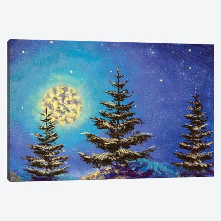 Snowy Fir Trees Under A Winter's Moon And Starry Sky Canvas Print #VRY496} by Valery Rybakow Canvas Art
